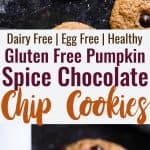 Pumpkin Spice Eggless Chocolate Chip Cookies - These are the best pumpkin Chocolate Chip Cookies! Crispy on the outside, chewy on the inside and have a punch of pumpkin spice! Gluten/dairy/egg free, vegan friendly and only 124 calories! | #Foodfaithfitness | #Glutenfree #Vegan #Dairyfree #Eggfree #Pumpkinspice