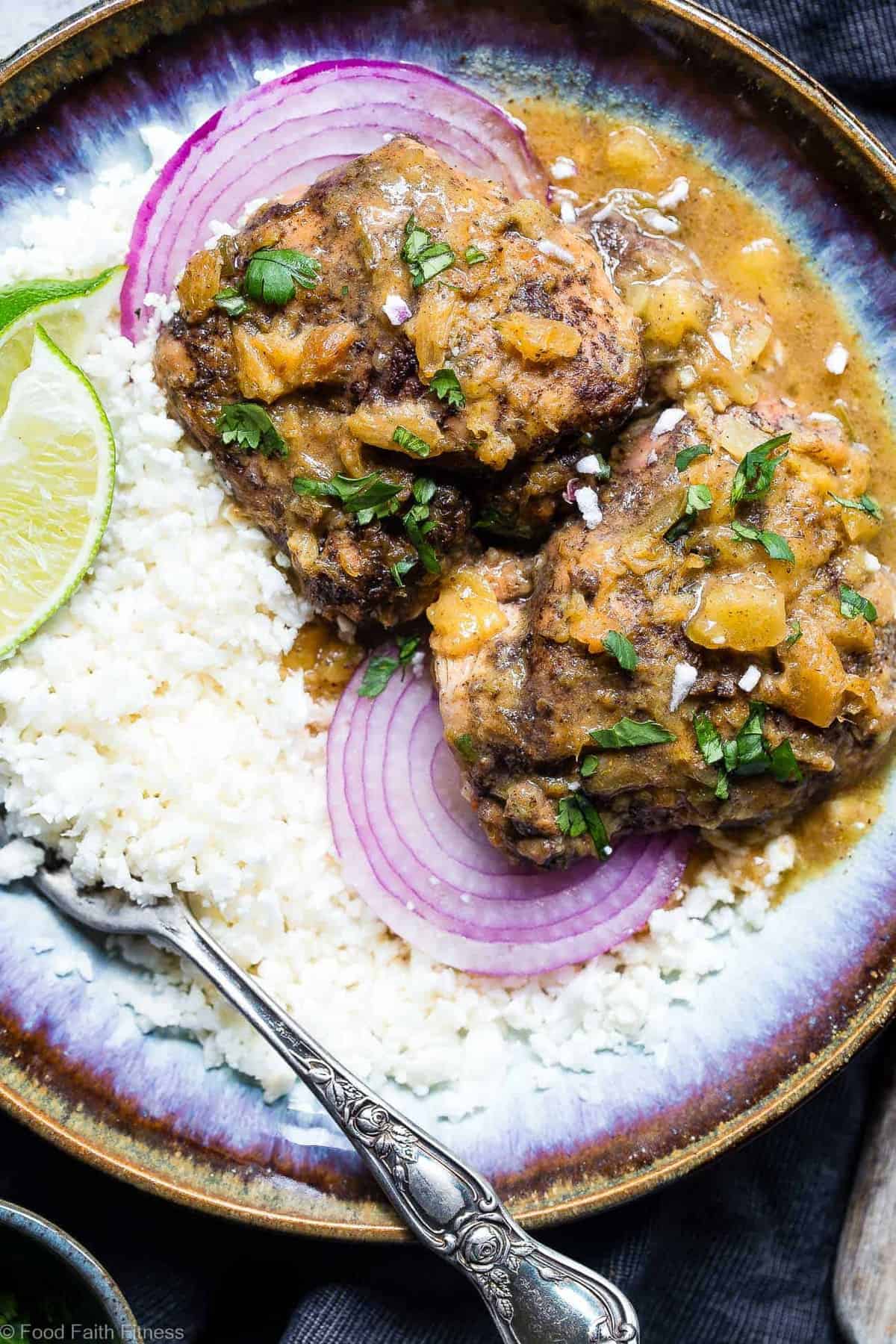 Whole30 Slow Cooker Jerk Chicken Curry - This crock pot jerk chicken curry is a CRAZY easy, weeknight dinner that is BIG on Island flavor! It's gluten free and paleo/whole30 compliant but it does not taste healthy AT all! Makes the BEST leftovers! | #Foodfaithfitness | #Glutenfree #Paleo #Whole30 #Dairyfree #Slowcooker