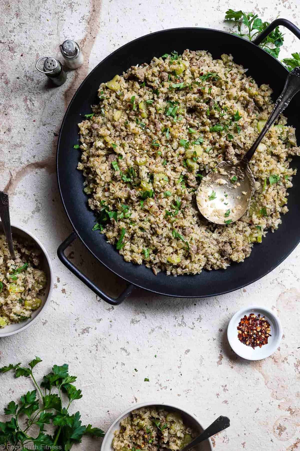 Keto Low Carb Riced Cauliflower Stuffing - This cauliflower rice low carb stuffing recipe is an EASY healthy holiday side that tastes like comfort food, but you won't miss the carbs! Paleo/whole30, only 150 calories and 3 SmartPoints! | #Foodfaithfitness | #Glutenfree #Paleo #Lowcarb #Keto #Whole30