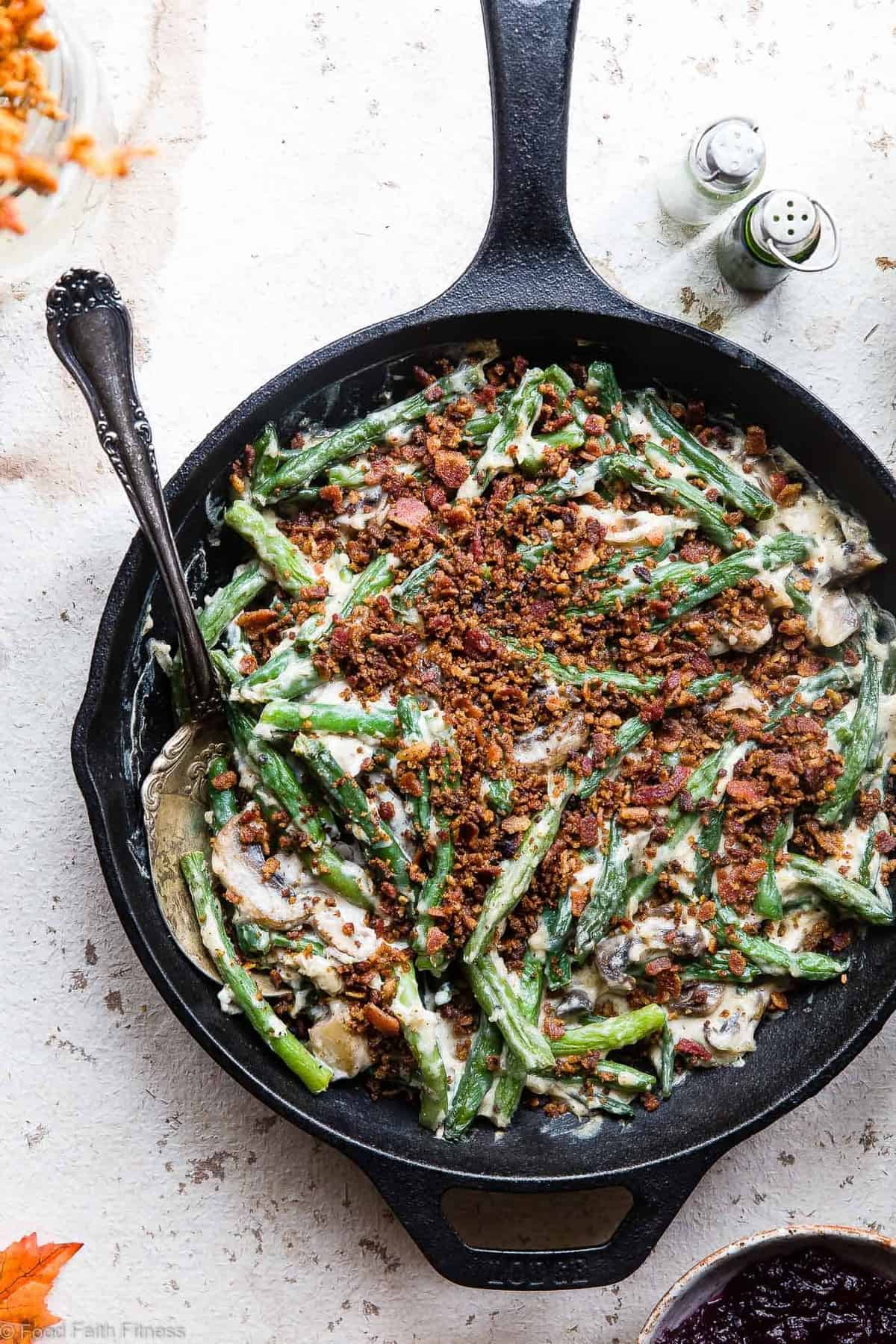 Low Carb Keto Green Bean Casserole - This Low Carb Green Bean Casserole is an EASY, healthy remake of the classic side! No one will know it's better for you! Dairy free option included! | #Foodfaithfitness | #Glutenfree #Dairyfree #Keto #Lowcarb #Healthy