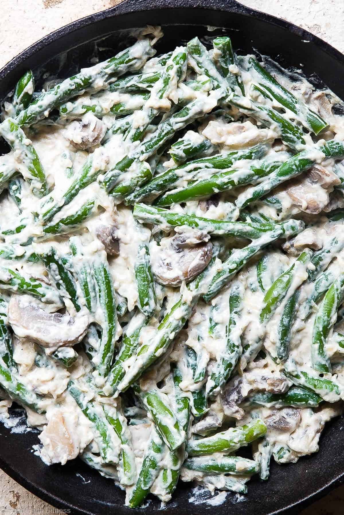 Low Carb Keto Green Beans Casserole - This Low Carb gluten free Green Bean Casserole recipe is an EASY, healthy remake of the classic side! No one will know it's better for you! Dairy free option included! | #Foodfaithfitness | #Glutenfree #Dairyfree #Keto #Lowcarb #Healthy