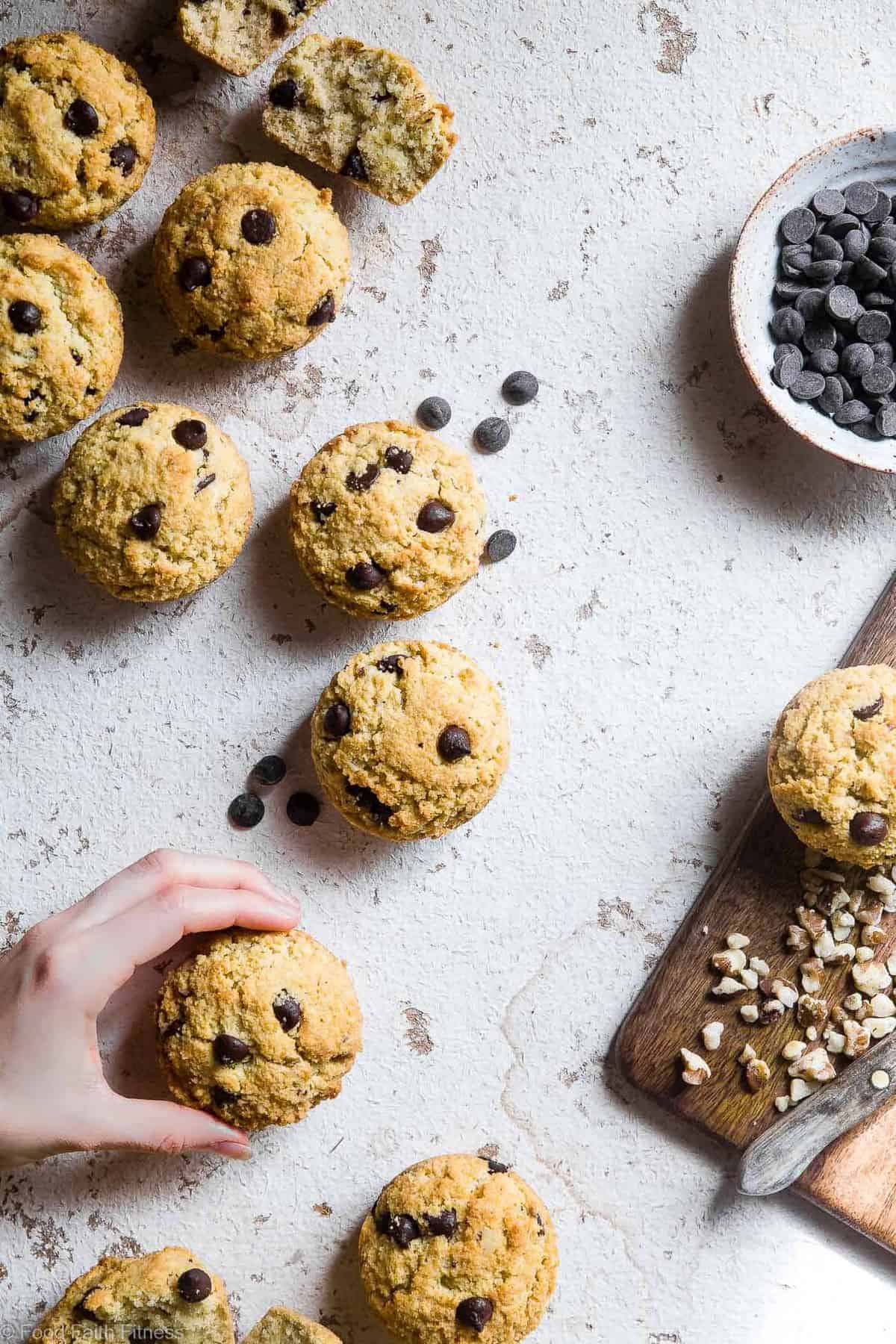 Walnut Chocolate Chip Keto Low Carb Muffins - These healthy, sugar free muffins are loaded with chocolate chips and black walnuts and are SO moist and fluffy you won't believe they're gluten free, keto AND paleo! | #Foodfaithfitness | 