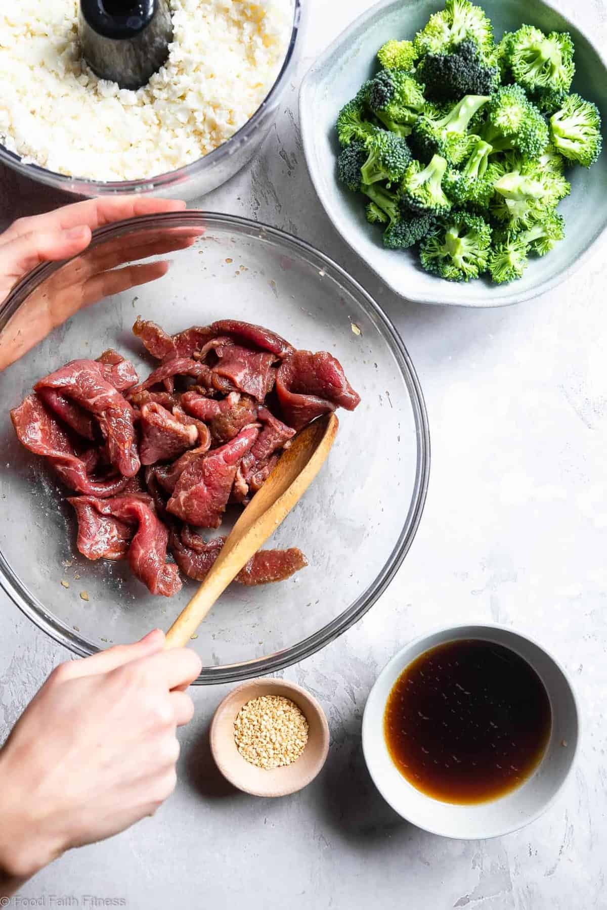 ingredients in a bowl for Keto Beef and Broccoli 