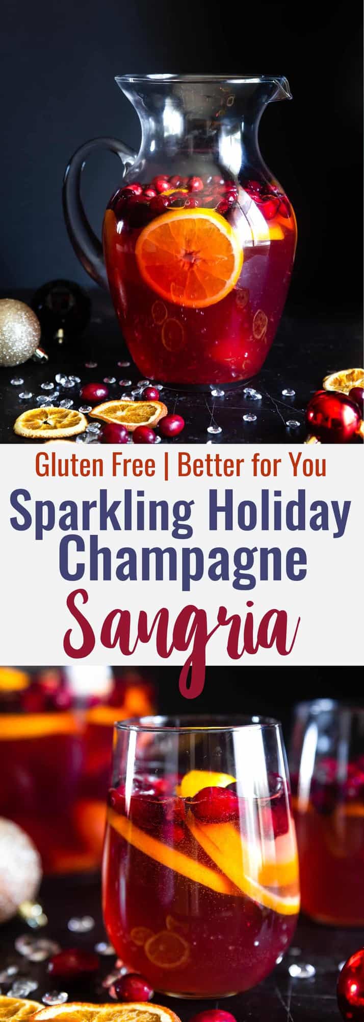 Sparkling Holiday Champagne Sangria - Full of tart cranberries and sweet oranges, this is an easy, better-for-you cocktail that is perfect to serve a crowd this Holiday season! Fizzy, festive and tasty! | #Foodfaithfitness | #Glutenfree #Sangria #Dairyfree #Vegan #Champagne