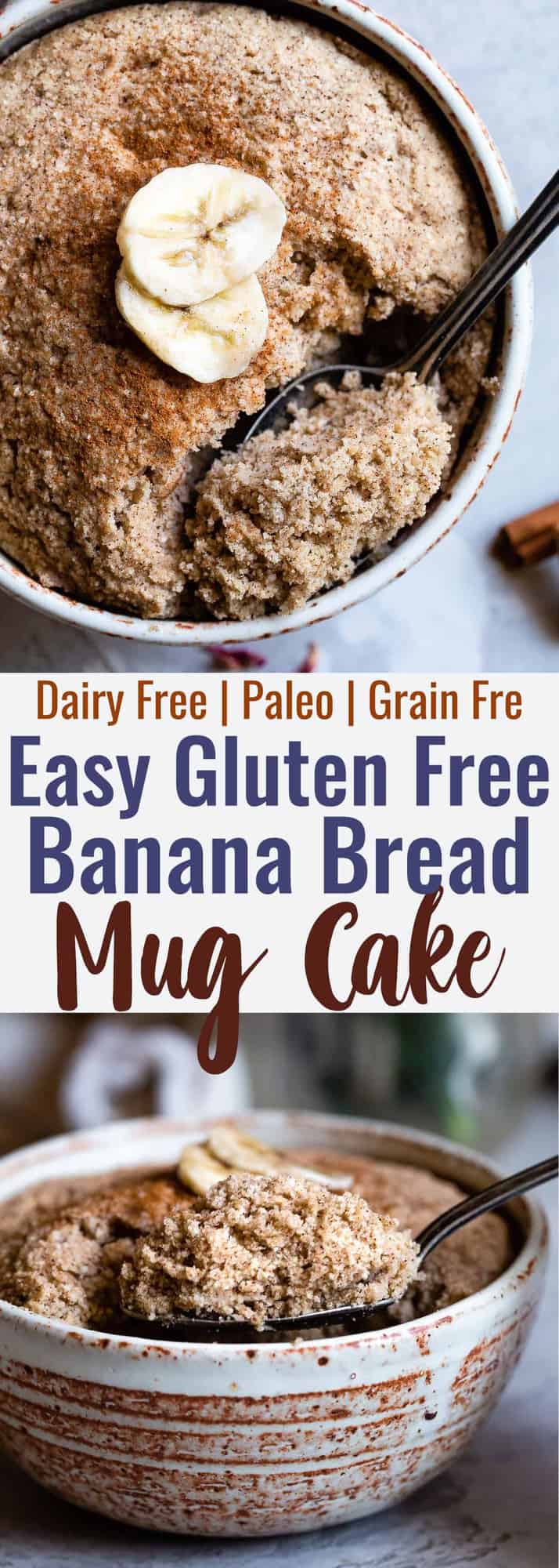 Easy Gluten Free Banana Bread Mug Cake - Want banana bread right now? Yes you do! Make this 5 minute, healthy, gluten free and paleo friendly banana bread in a mug! No waiting to cool nonsense! | #Foodfaithfitness | #Glutenfree #paleo #grainfree #bananabread #healthy