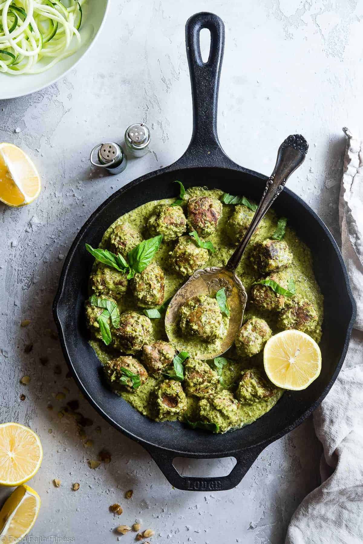 Low Carb Whole30 Turkey Meatballs with Pesto Cream Sauce - These healthy turkey meatballs are simmered in a coconut milk basil pesto cream sauce for an easy, weeknight meal that is keto and paleo friendly and so tasty! | #Foodfaithfitness | #Paleo #Whole30 #Lowcarb #Keto #Healthy