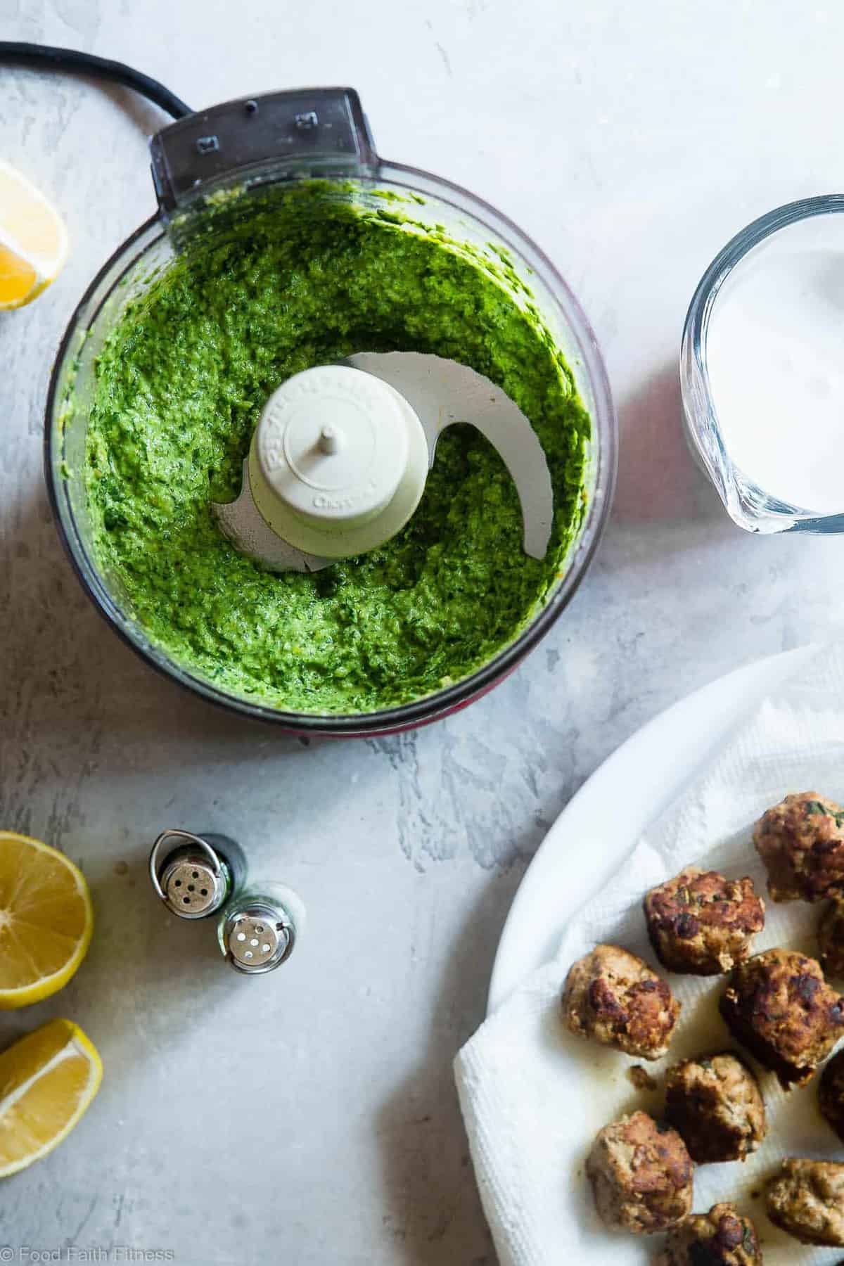 Gluten Free Whole30 Paleo Turkey Meatballs - These healthy whole30 turkey meatballs are simmered in a coconut milk basil pesto cream sauce for an easy, weeknight meal that is keto and paleo friendly and so tasty! | #Foodfaithfitness | 