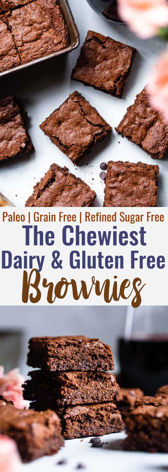 Easy Gluten Free Dairy Free Brownies - These grain free, healthy brownies come together in less than an hour and are SO dense, chewy and FUDGY! Paleo friendly, gluten and dairy free and SO delicious! | #Foodfaithfitness | 