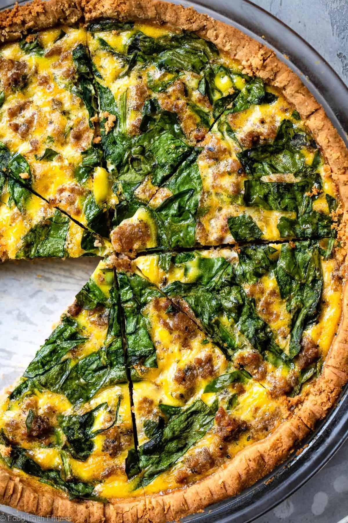 Gluten Free Low Carb Quiche -Â This EASY low carb, dairy free and paleoÂ Quiche has a homemade, buttery, flaky Almond Flour Crust! Sausage, spinach and eggs make a high protein, filling breakfast!Â  Great for meal prep! | #Foodfaithfitness | #Glutenfree #Lowcarb #Keto #paleo #dairyfree