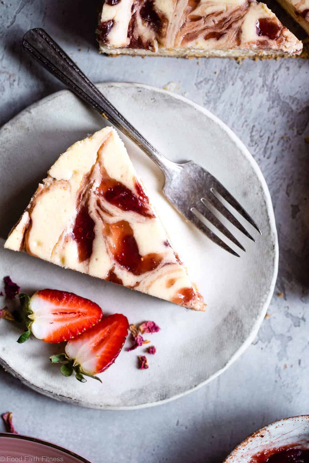 Gluten Free Strawberry Swirled Cottage Cheese Cheesecake - This Healthy Cottage Cheese Cheesecake is packed with protein and is so easy to make! Gluten free, grain free, better for you and SO creamy! | #Foodfaithfitness | #Glutenfree #Grainfree #Healthy #Cheesecake #Cottagecheese