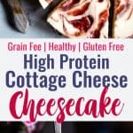 Gluten Free Strawberry Swirled Cottage Cheese Cheesecake - This Healthy Cottage Cheese Cheesecake is packed with protein and is so easy to make! Gluten free, grain free, better for you and SO creamy! | #Foodfaithfitness | #Glutenfree #Grainfree #Healthy #Cheesecake #Cottagecheese