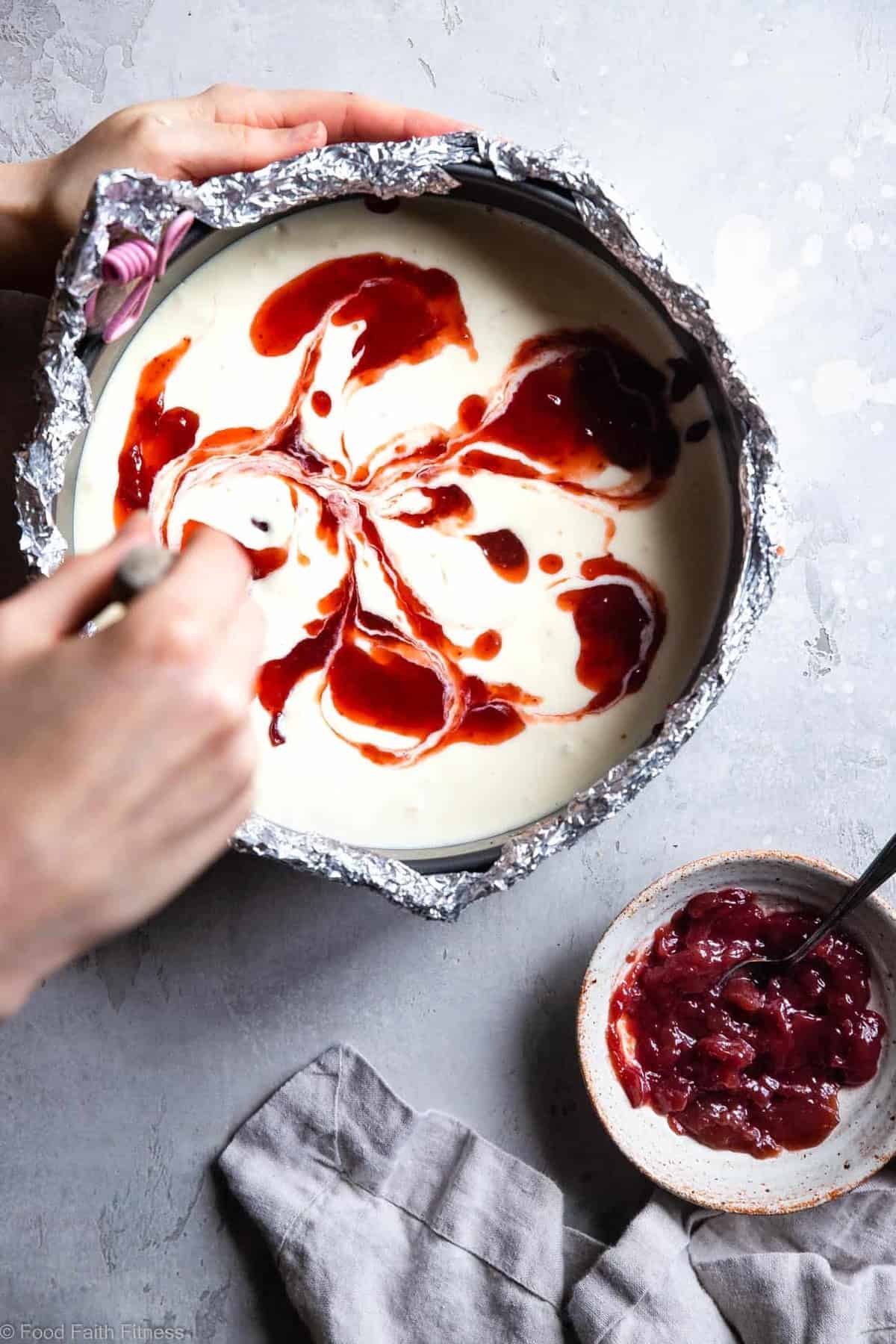 Gluten Free Strawberry Swirled Cottage Cheese Cheesecake - This Healthy Cottage Cheese Cheesecake is packed with protein and is so easy to make! Gluten free, grain free, better for you and SO creamy! | #Foodfaithfitness | 