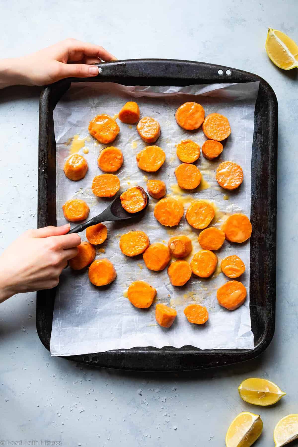 Tahini Maple Roasted Sweet Potatoes - These quick and easy, gluten free Roasted Sweet Potatoes are SO soft, tender and flavorful! A delicious, healthy side dish that everyone will love! | #FoodFaithFitness | 