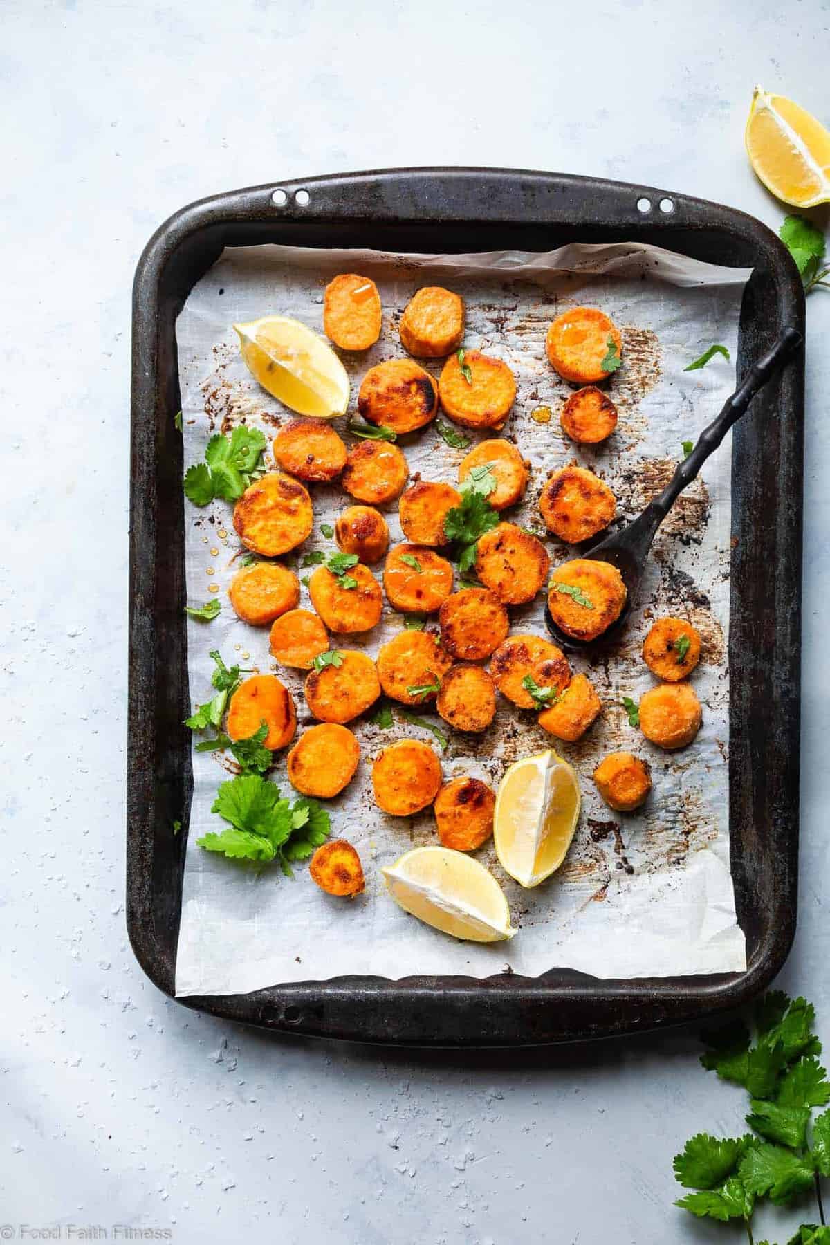 Tahini Maple Roasted Sweet Potatoes - These quick and easy, gluten free Roasted Sweet Potatoes are SO soft, tender and flavorful! A delicious, healthy side dish that everyone will love! | #FoodFaithFitness | #Glutenfree #Paleo #Healthy #Vegetarian #Dairyfree