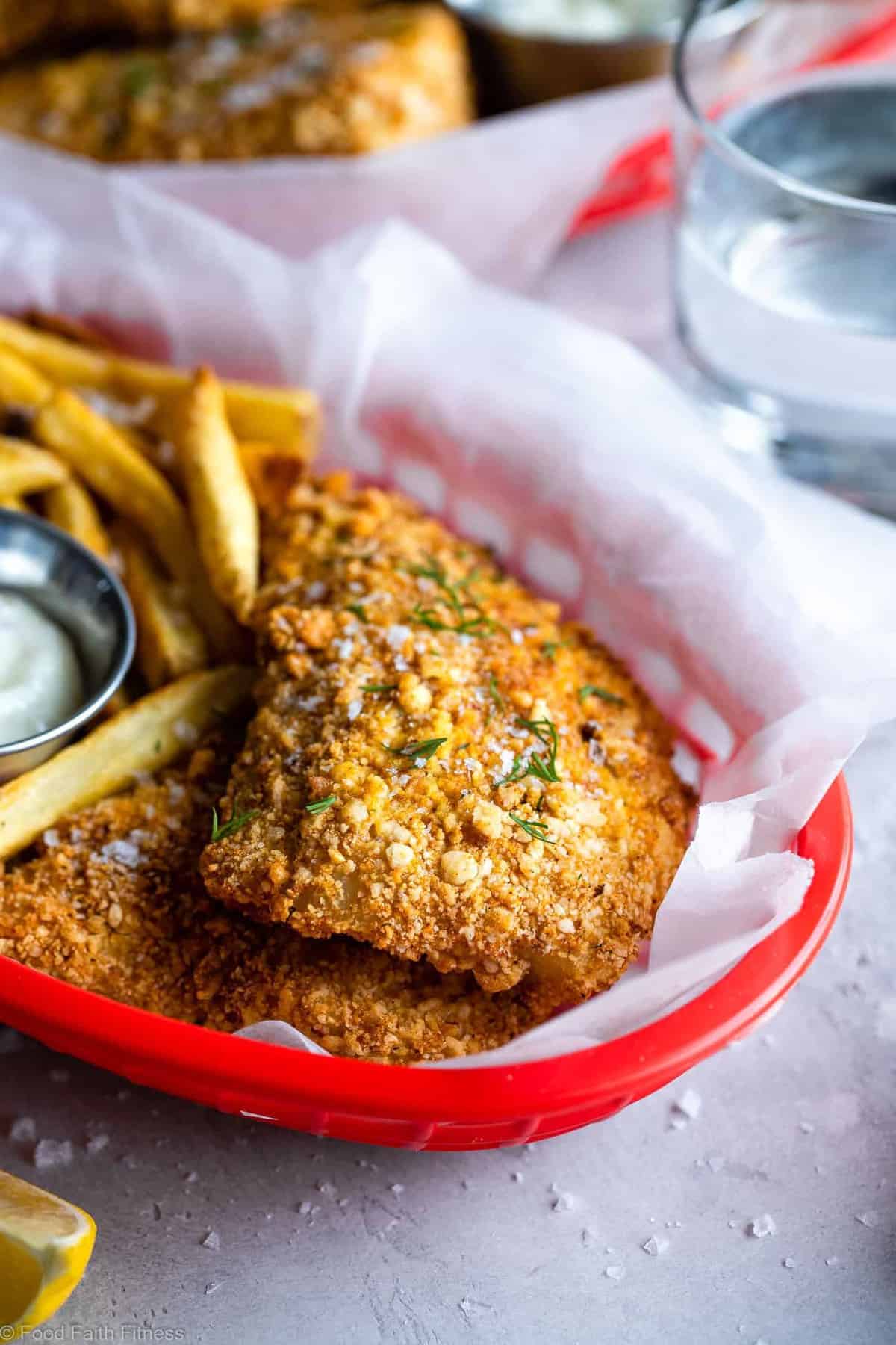 Crispy Air Fried Fish -  This airfryer battered fish is SO easy to make and you will never believe it's oil free! Serve it with a healthy Greek yogurt tartar sauce for a dinner that is only 200 calories, 2 Freestyle points and protein packed! | #Foodfaithfitness |  