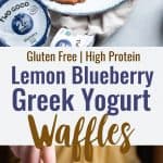 Lemon Blueberry Gluten Free Greek Yogurt Waffles - These gluten free waffles are so crispy and fluffy you will never believe they're low fat, oil free, protein packed and only 170 calories! | #Foodfaithfitness | #Glutenfree #Lowfat #Healthy #Waffles #Breakfast