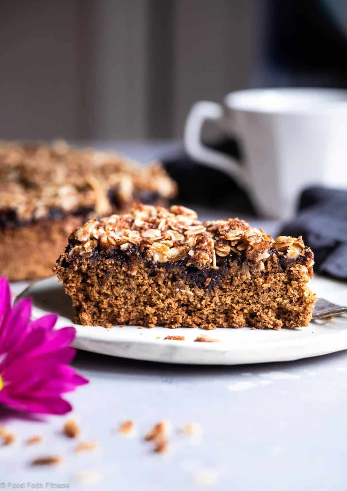 Gluten Free Vegan Coffee Cake - This tender, moist Gluten Free Coffee Cake has a tasty blackberry swirl and is loaded with a crunchy, crispy crumble topping! It's sure to be a hit and does not taste healthy! | #Foodfaithfitness | #Glutenfree #Vegan #dairyfree #eggfree #healthy