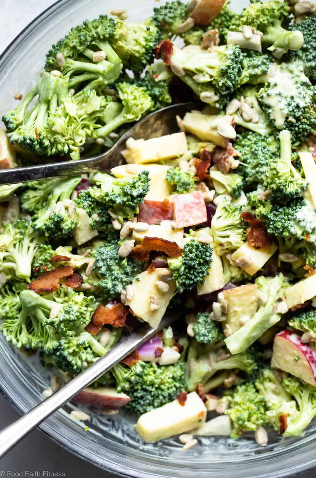 Honey Mustard Broccoli Apple Salad with Greek Yogurt  - An easy, gluten free and healthy side dish that even kids will like! It's protein packed and makes great leftovers! | #Foodfaithfitness | #Glutenfree #Grainfree #Healthy #GreekYogurt