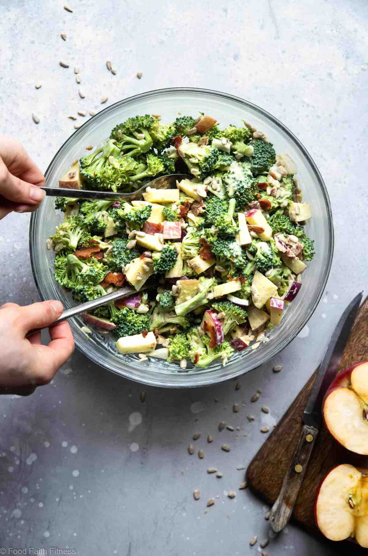 Honey Mustard Broccoli Apple Salad with Greek Yogurt  - An easy, gluten free and healthy side dish that even kids will like! It's protein packed and makes great leftovers! | #Foodfaithfitness | #Glutenfree #Grainfree #Healthy #GreekYogurt