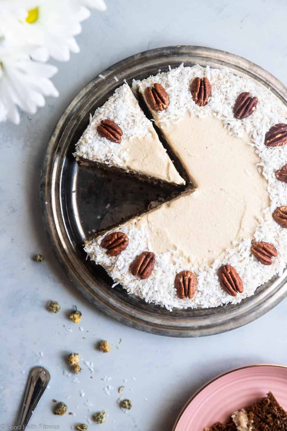 Paleo Carrot Cake - This dairy, grain and gluten free, Paleo Carrot Cake has a luscious cashew "cream cheese" frosting and is easy to make! Always a hit with a crowd! | #Foodfaithfitness | 