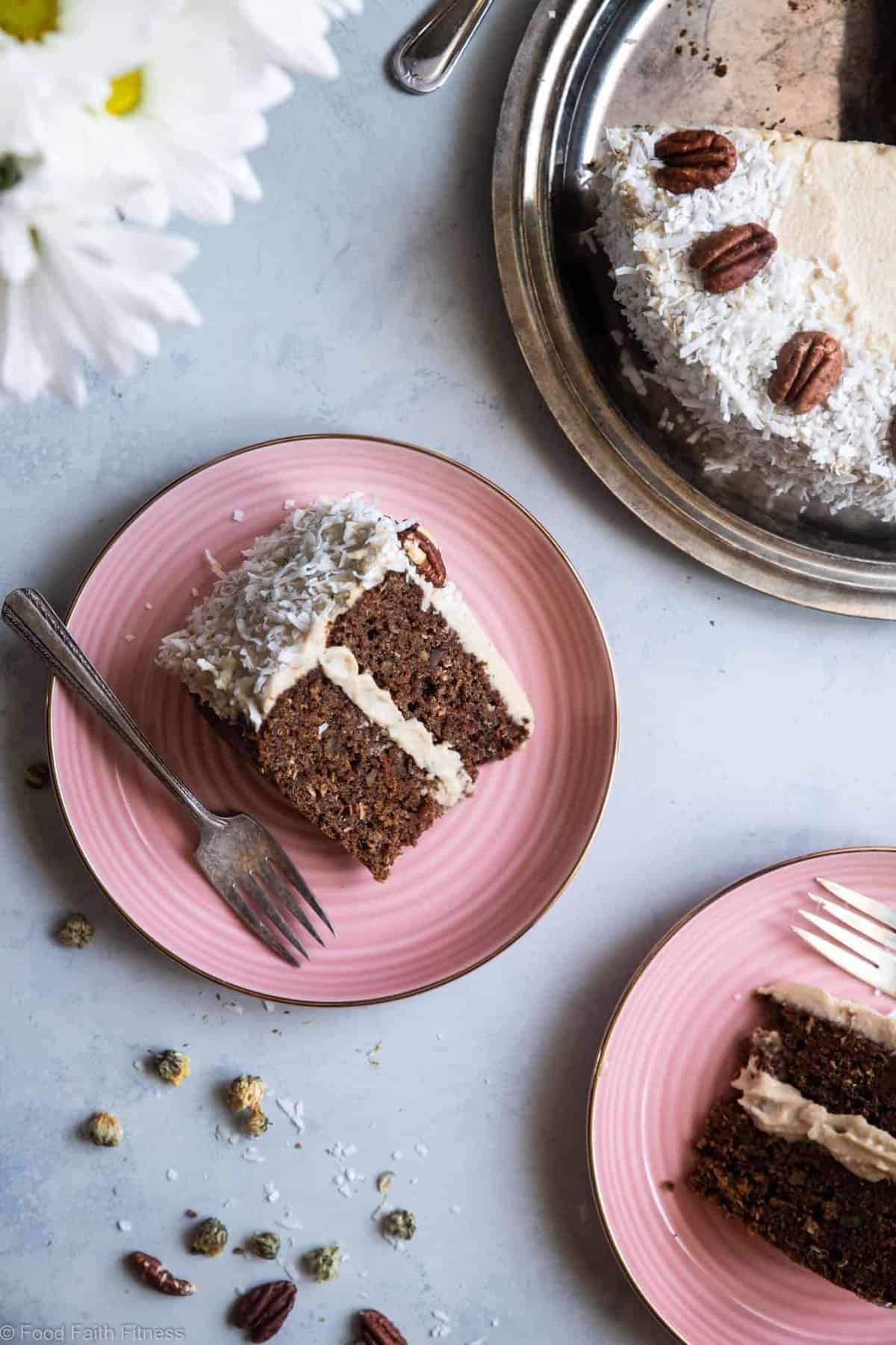 Gluten Free Carrot Cake - This dairy, grain and gluten free, Paleo Carrot Cake has a luscious cashew "cream cheese" frosting and is easy to make! Always a hit with a crowd! | #Foodfaithfitness | 