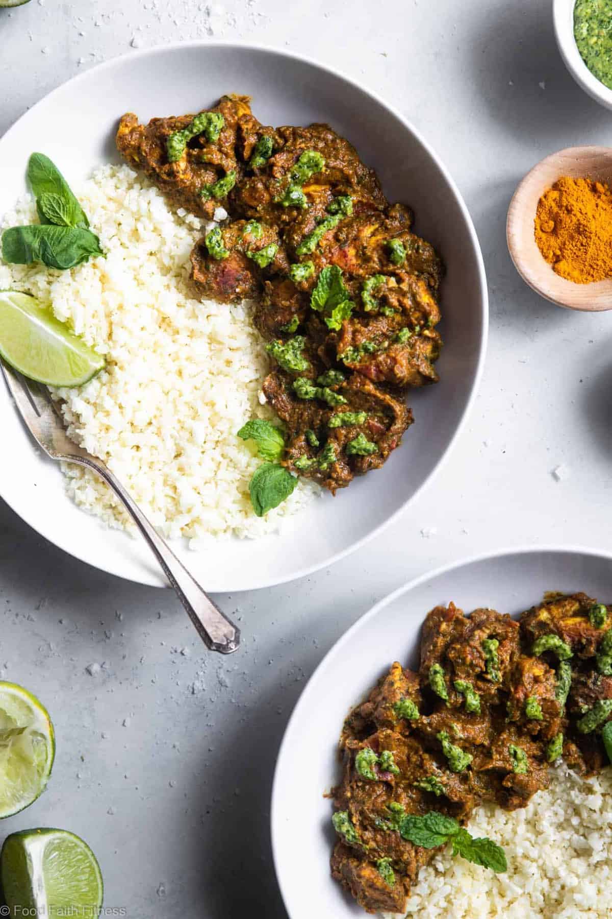 Indian Spiced Chicken with Cashew Cilantro Pesto - This chicken curry with a creamy pesto made of cashews is an easy, weeknight dinner with big bold flavor! Gluten free, paleo, whole30 and low carb too! | #Foodfaithfitness | #glutenfree #paleo #lowcarb #keto #whole30