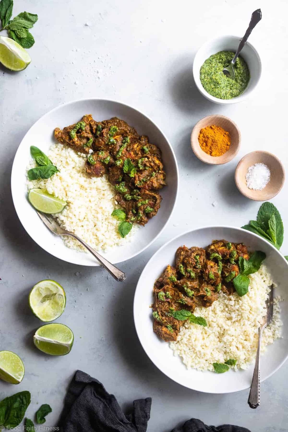 Indian Spiced Chicken with Cashew Cilantro Pesto - This chicken curry with a creamy pesto made of cashews is an easy, weeknight dinner with big bold flavor! Gluten free, paleo, whole30 and low carb too! | #Foodfaithfitness |
