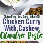 Indian Spiced Chicken with Cashew Cilantro Pesto - This chicken curry with a creamy pesto made of cashews is an easy, weeknight dinner with big bold flavor! Gluten free, paleo, whole30 and low carb too! | #Foodfaithfitness | #glutenfree #paleo #lowcarb #keto #whole30
