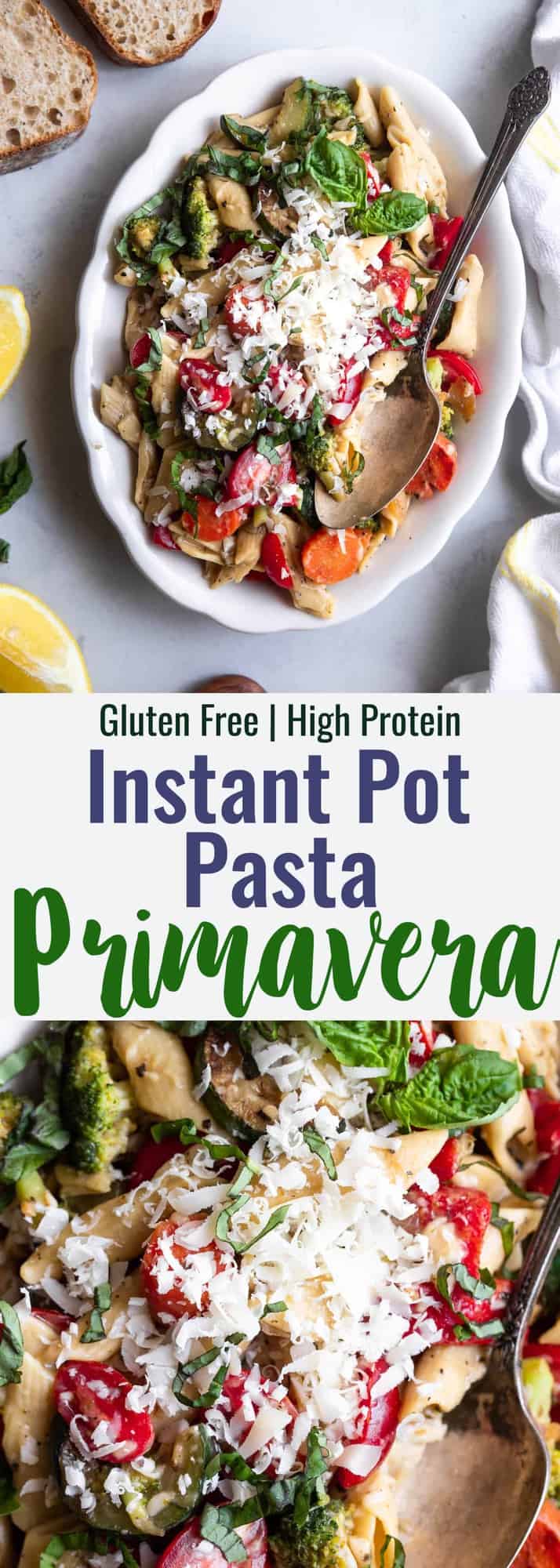 Instant Pot Pasta Primavera - This easy pasta in the Instant Pot basically makes itself! It's an easy, gluten free meatless dinner that kids or adults will love. Great for meal prep! | #Foodfaithfitness | #glutenfree #grainfree #InstantPot #healthy #pasta
