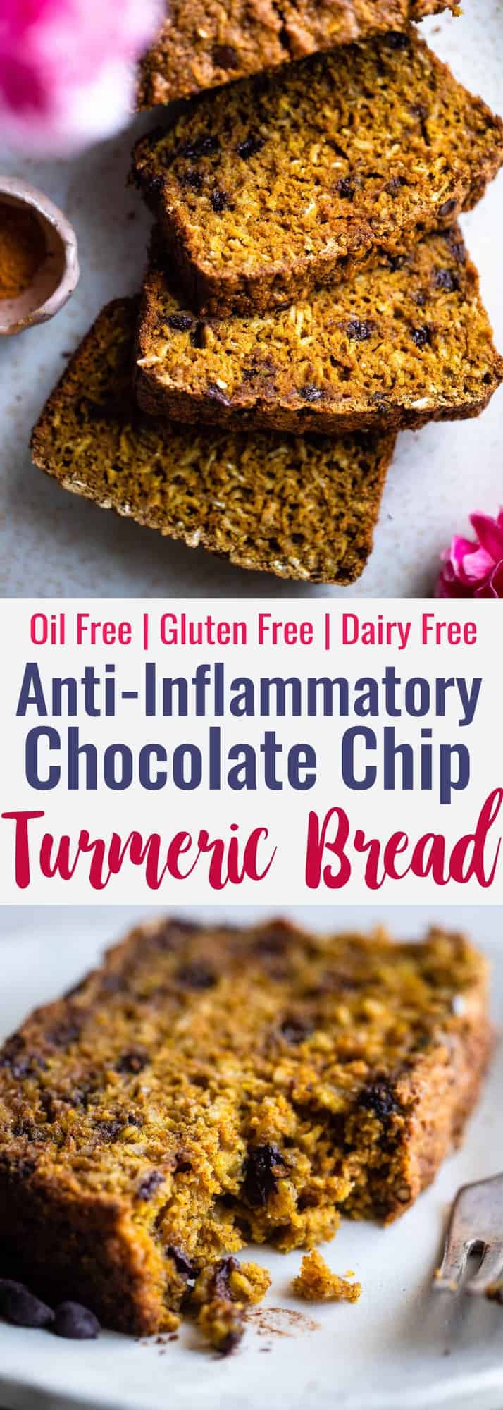 Gluten Free Turmeric Chocolate Chip Bread - This healthy turmeric oat flour bread is spicy-sweet and has melty chocolate chips! A gluten free and dairy free breakfast or snack that is anti-inflammatory! | #Foodfaithfitness | #dairyfree #glutenfree #turmeric #nutfree #anti-inflammtory