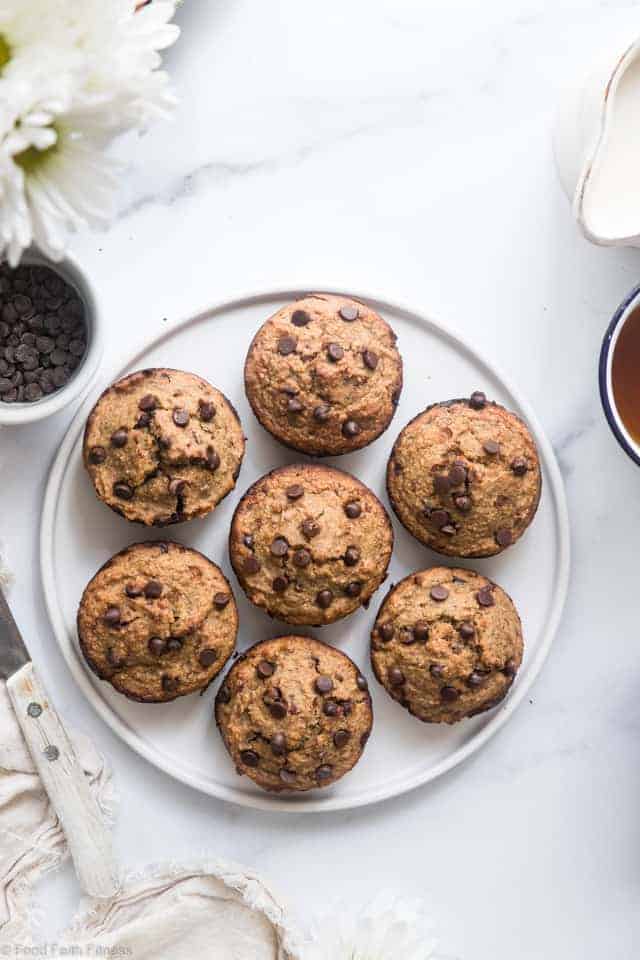 Healthy Zucchini Bread Muffins - These dairy free Zucchini Muffins are fluffy and gluten, dairy, oil and sugar free! Sweetened with dates, studded with chocolate chips and only 170 calories! Great for kids and adults! | #Foodfaithfitness |