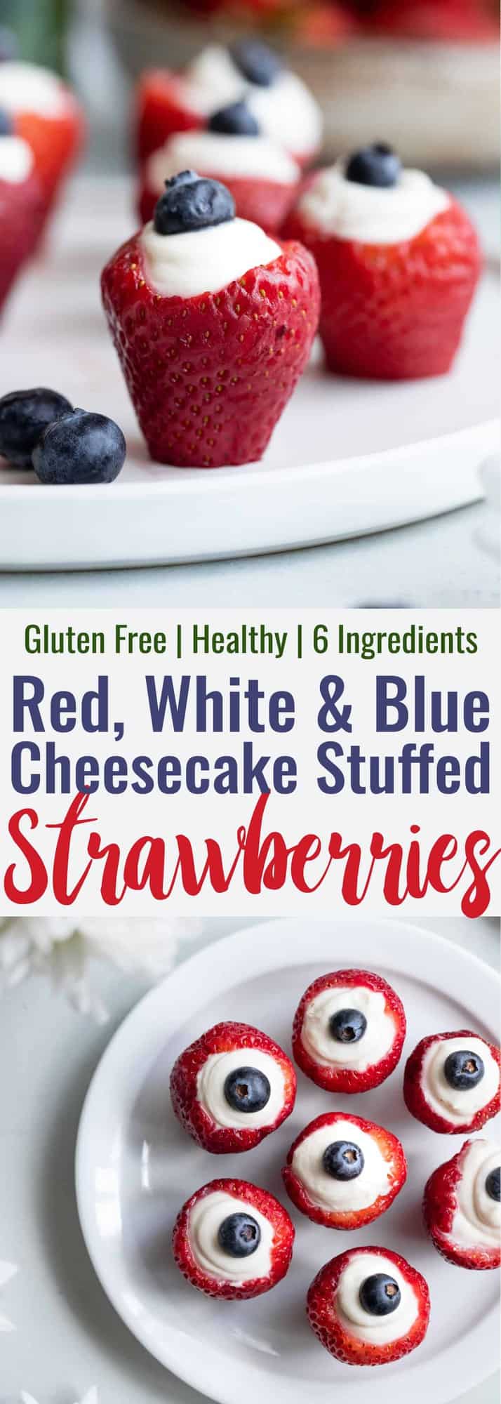 Red White & Blue Cheesecake Stuffed Strawberries - A gluten free, low carb, keto and sugar free dessert that are SO easy to make! Only 30 calories and so tasty! Perfect for the Summer or July 4th! | #Foodfaithfitness | #Glutenfree #Lowcarb #Keto #Sugarfree #July4th