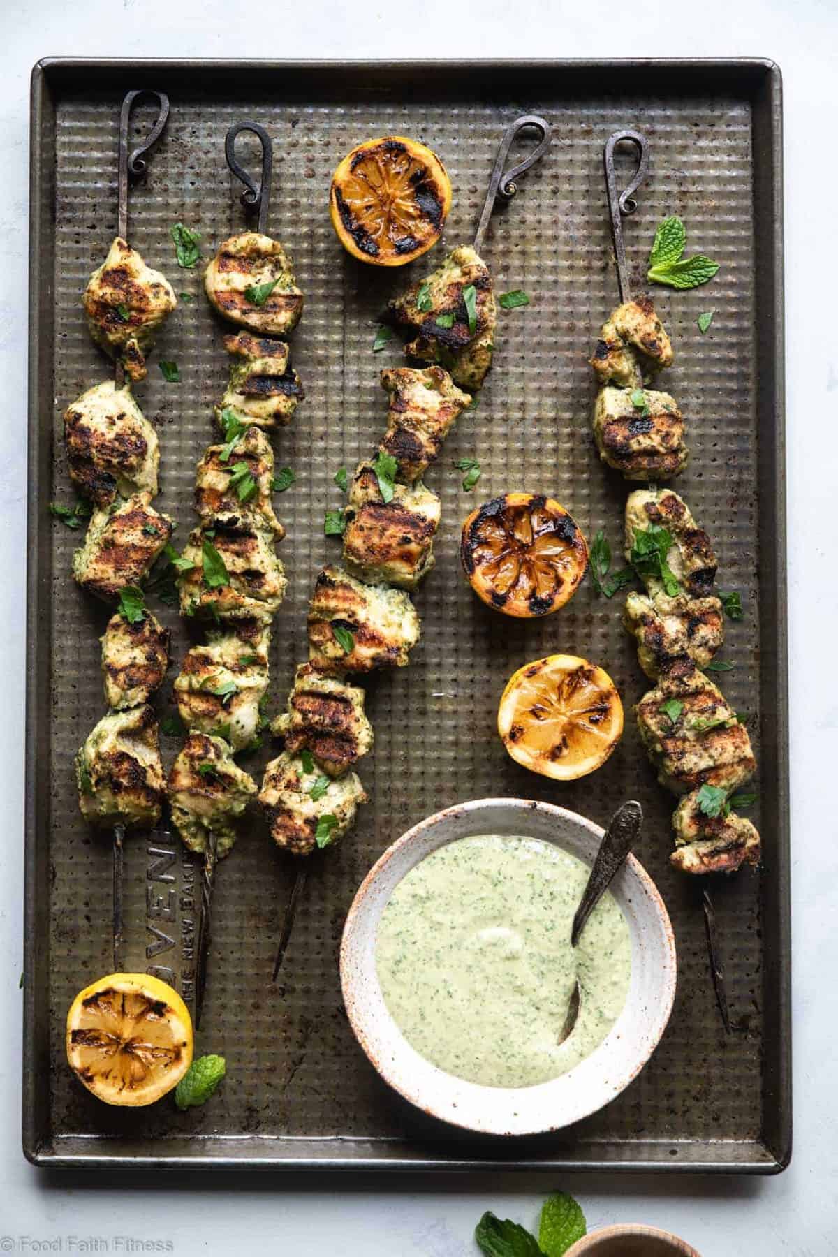 Grilled Herb Hummus Chicken Kebabs - An easy, healthy, gluten free and dairy free dinner that everyone will love! They use simple, pantry essential ingredients and basically make themselves! | #Foodfaithfitness | 