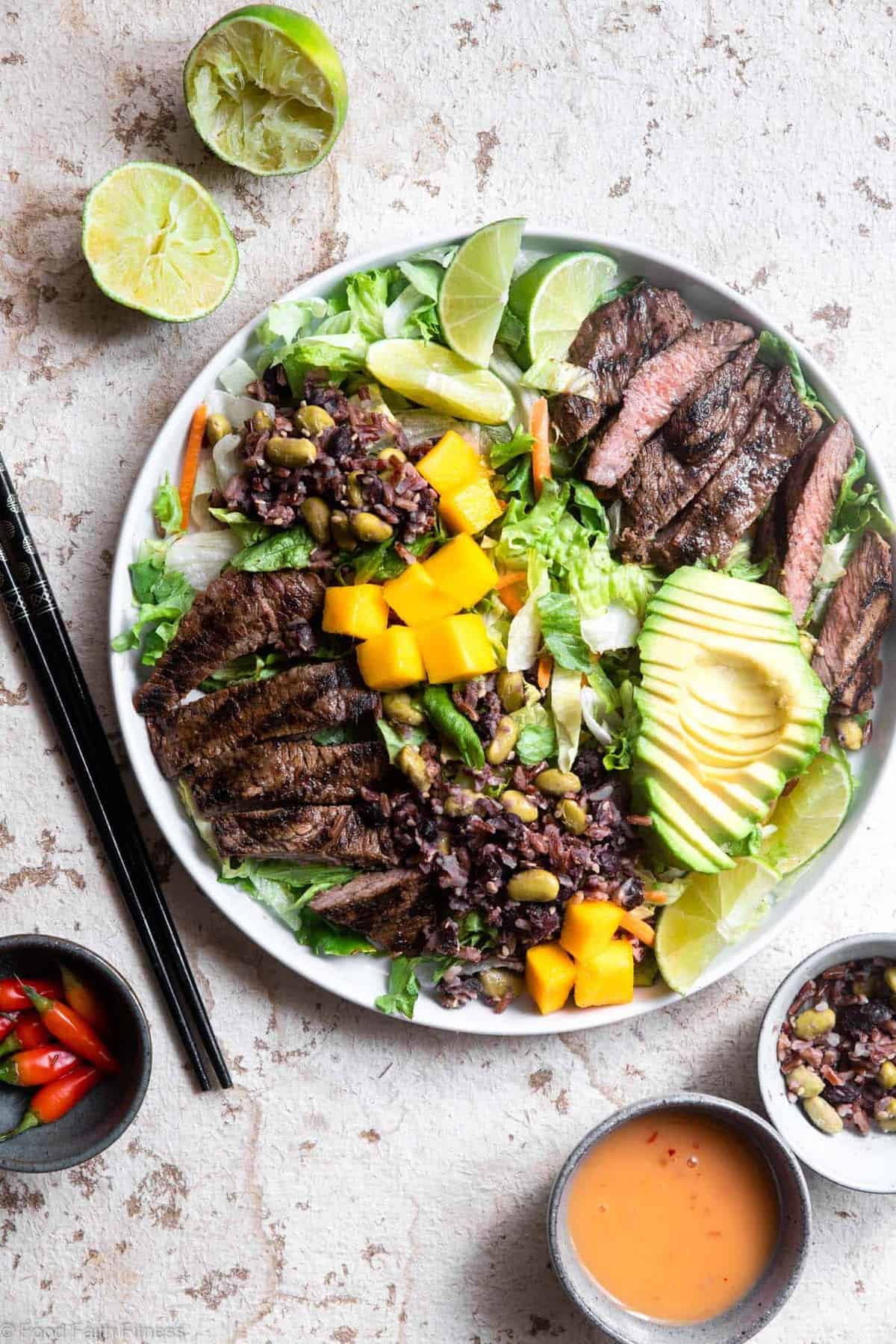 Grilled Thai Beef Salad on a plate from overhead