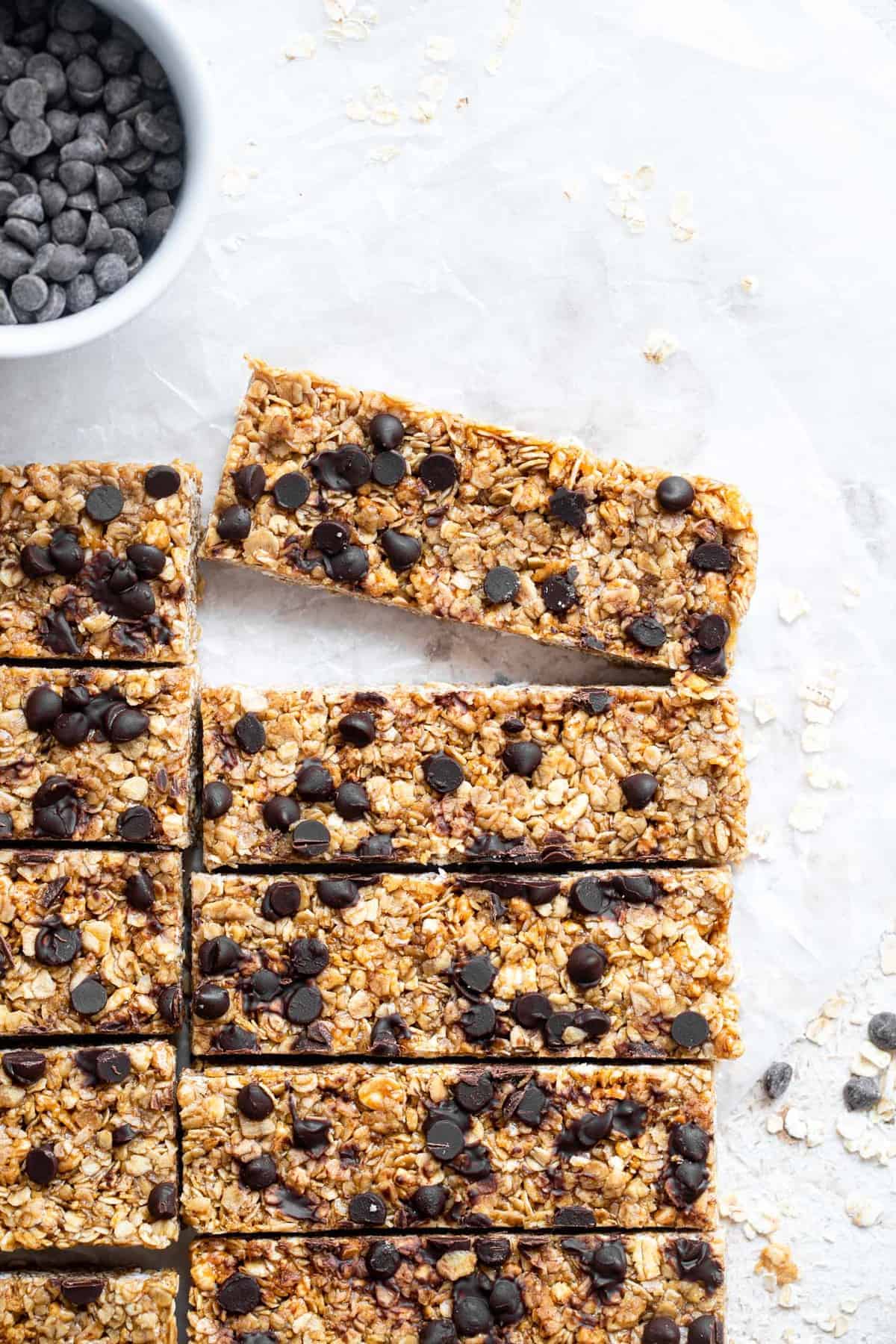 healthy chewy granola bar recipe in a row with one bar removed