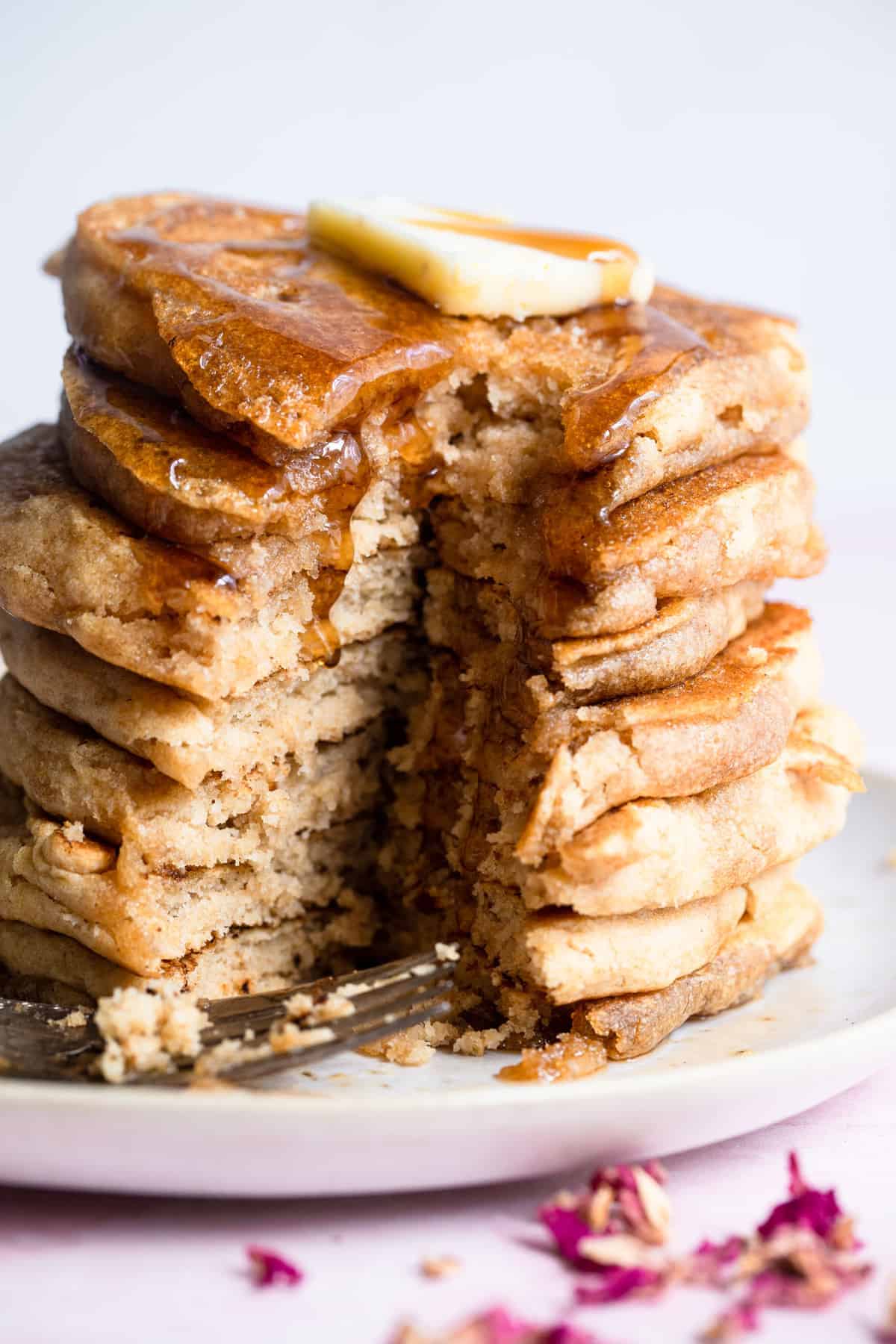 close up of Healthy Vegan Pancakes that are cut