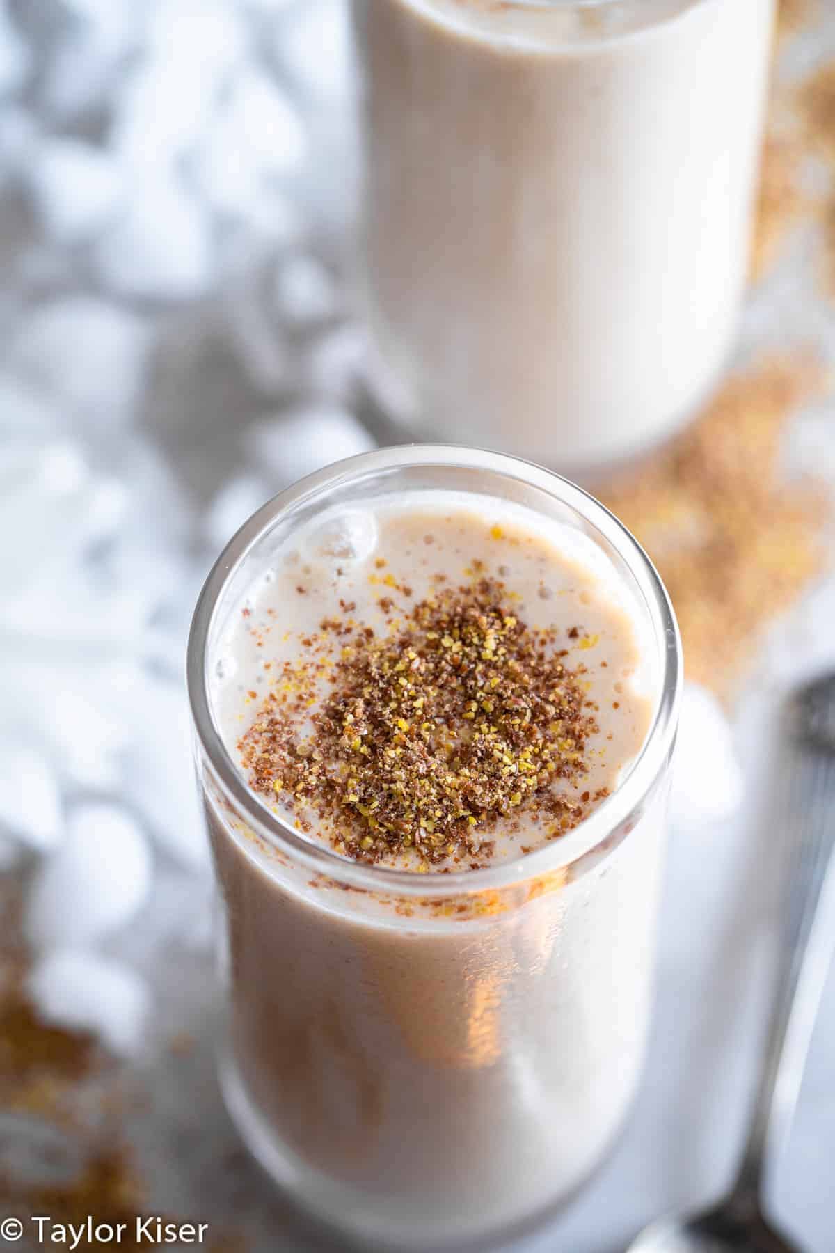 Banana Flaxseed Smoothie with flax seeds sprinkled on top