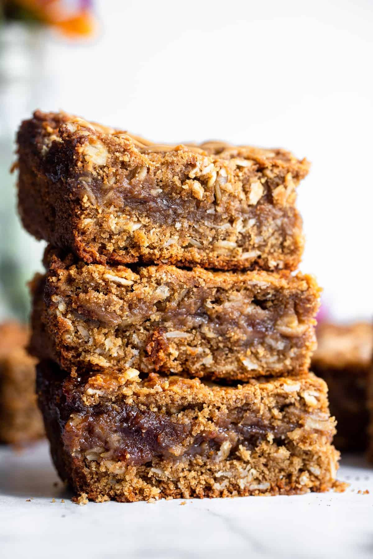 stack of oatmeal breakfast bars with flowers