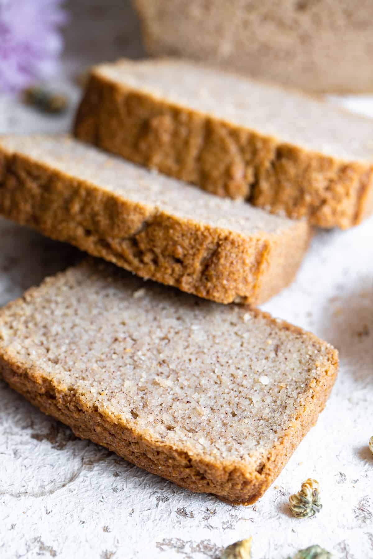 close up of slices of low carb banana bread