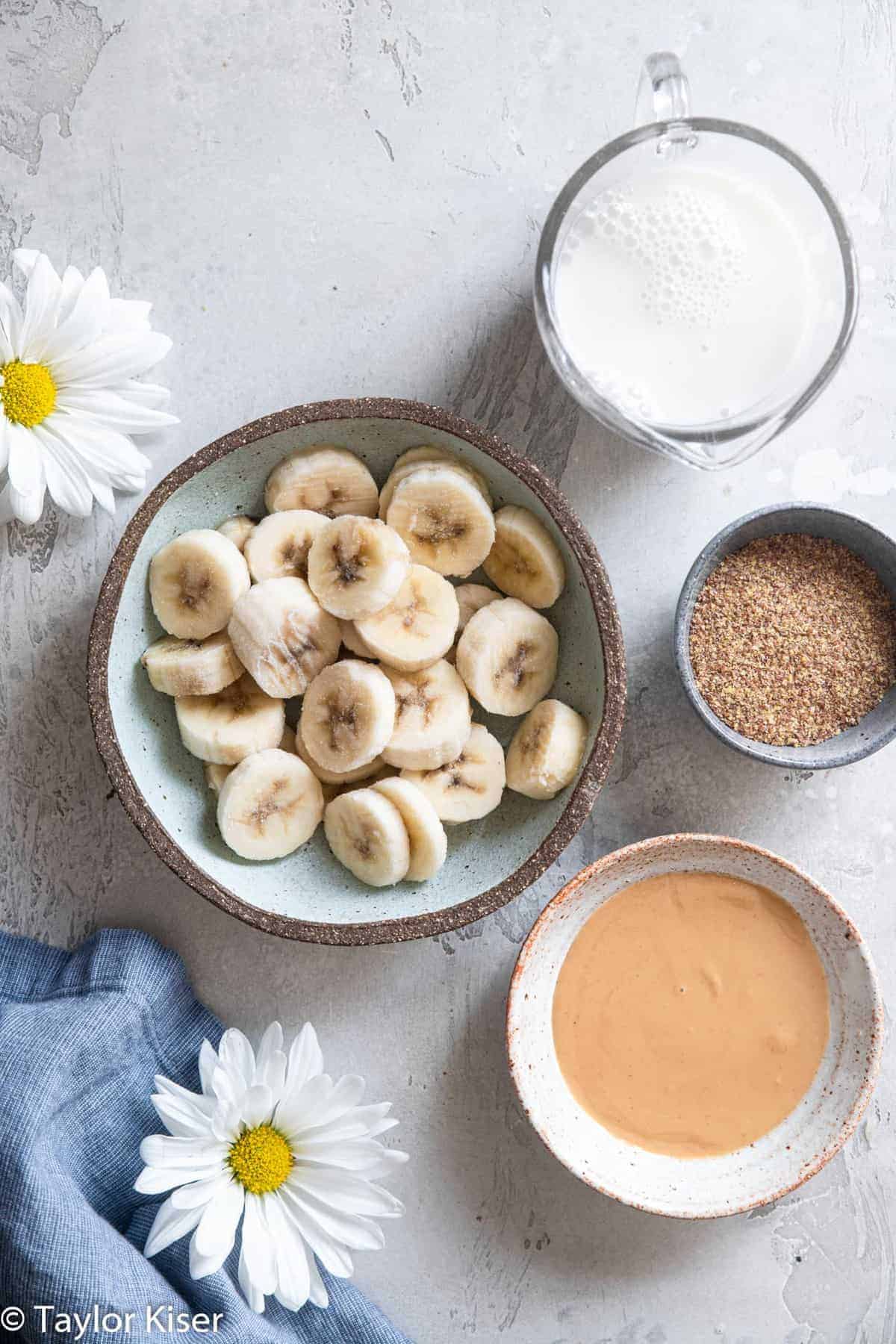 sliced bananas in a bowl for Banana Flaxseed Smoothie