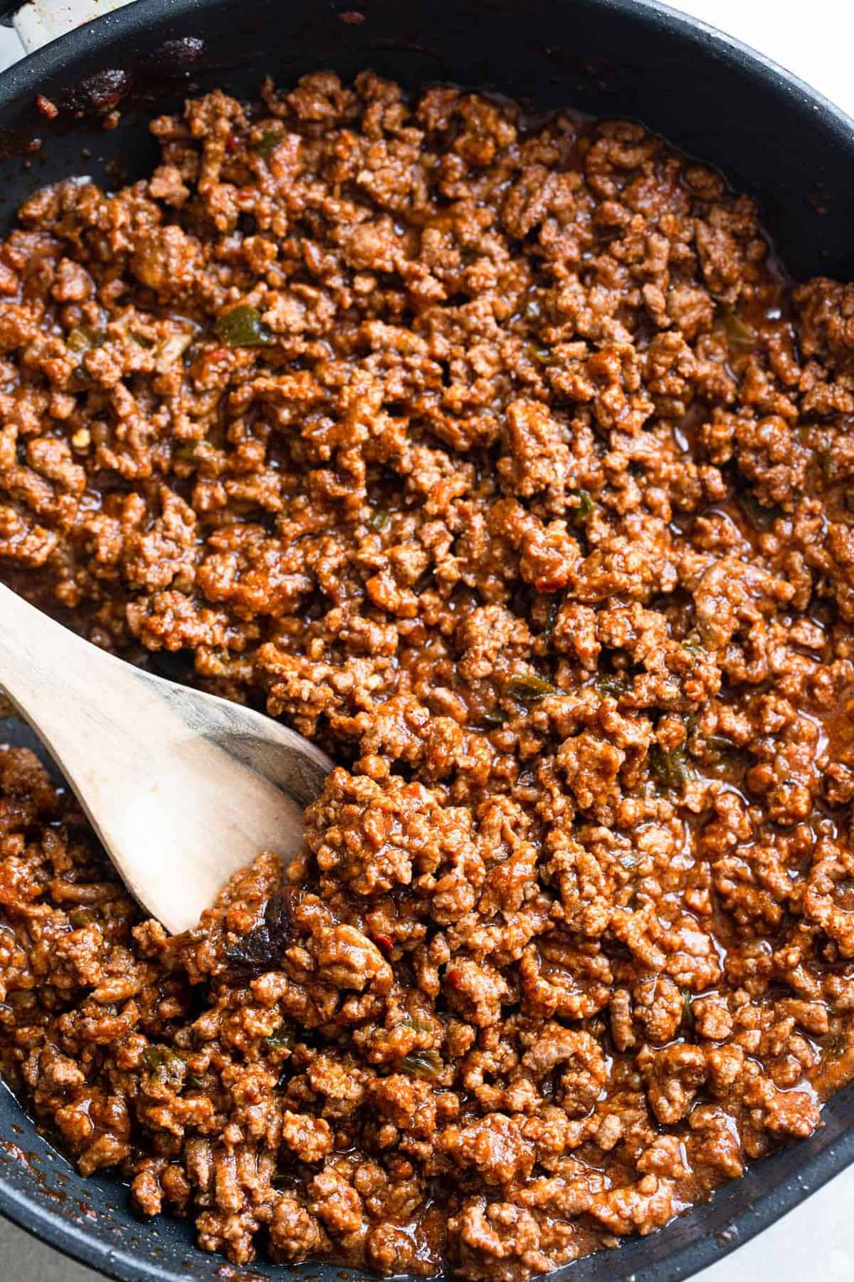 Close up of Keto sloppy joes in a pan