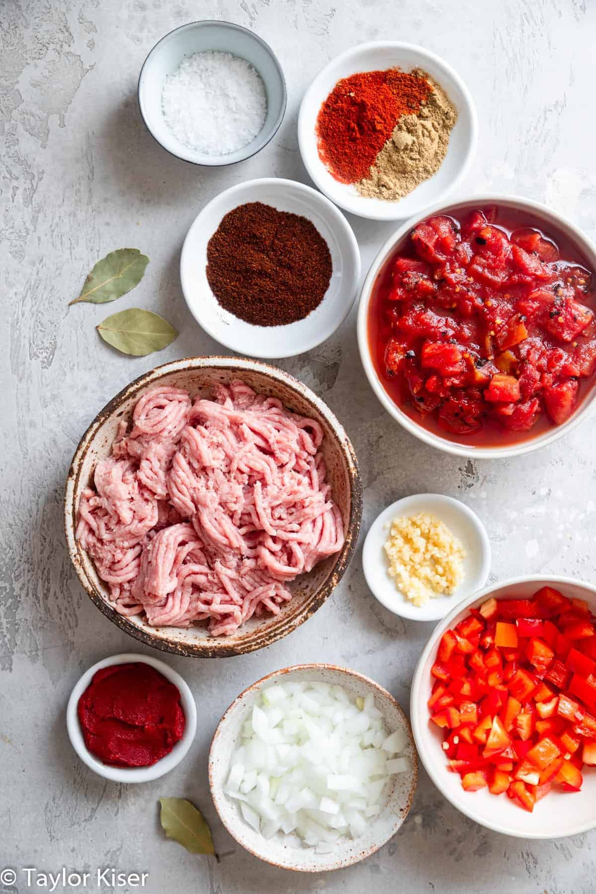 ingredients to make low carb keto turkey chili in bowls