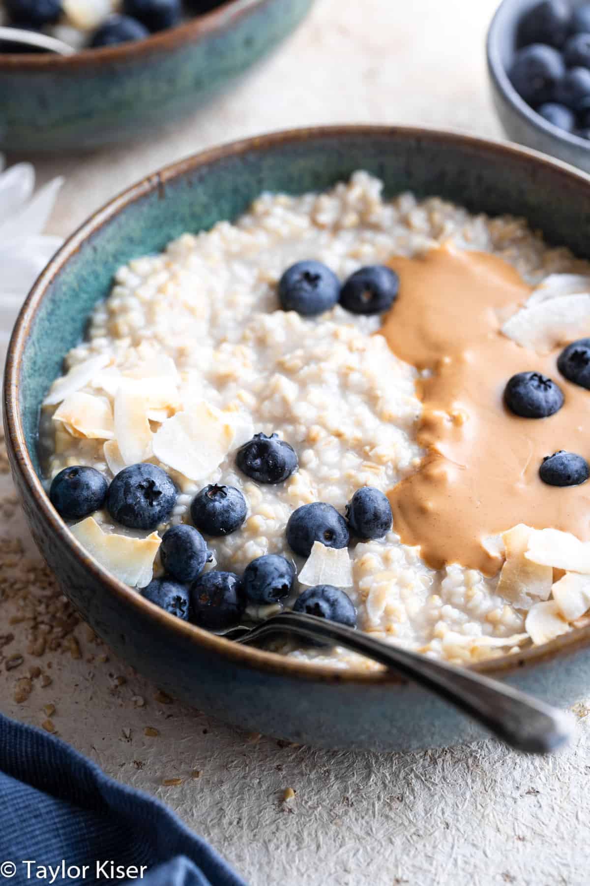 overnight oatmeal with steel cut oats in a bowl with blueberries
