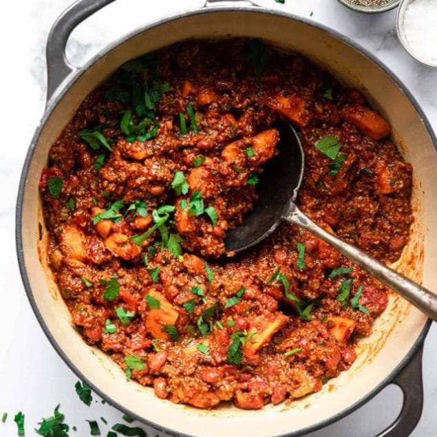 ground turkey and sweet potato chili in a large serving pot