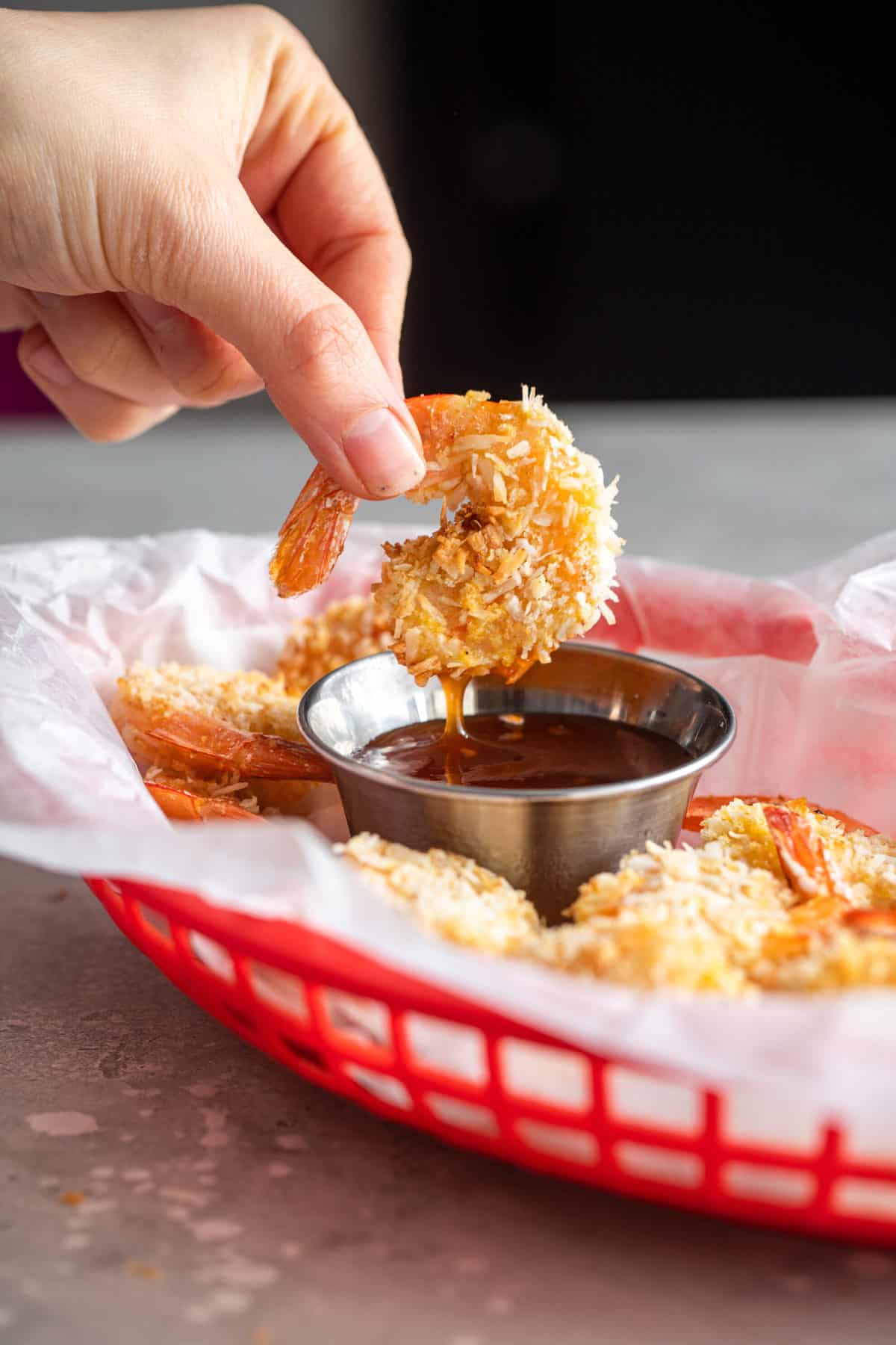 Air Fryer Shrimp in basket with dipping sauce