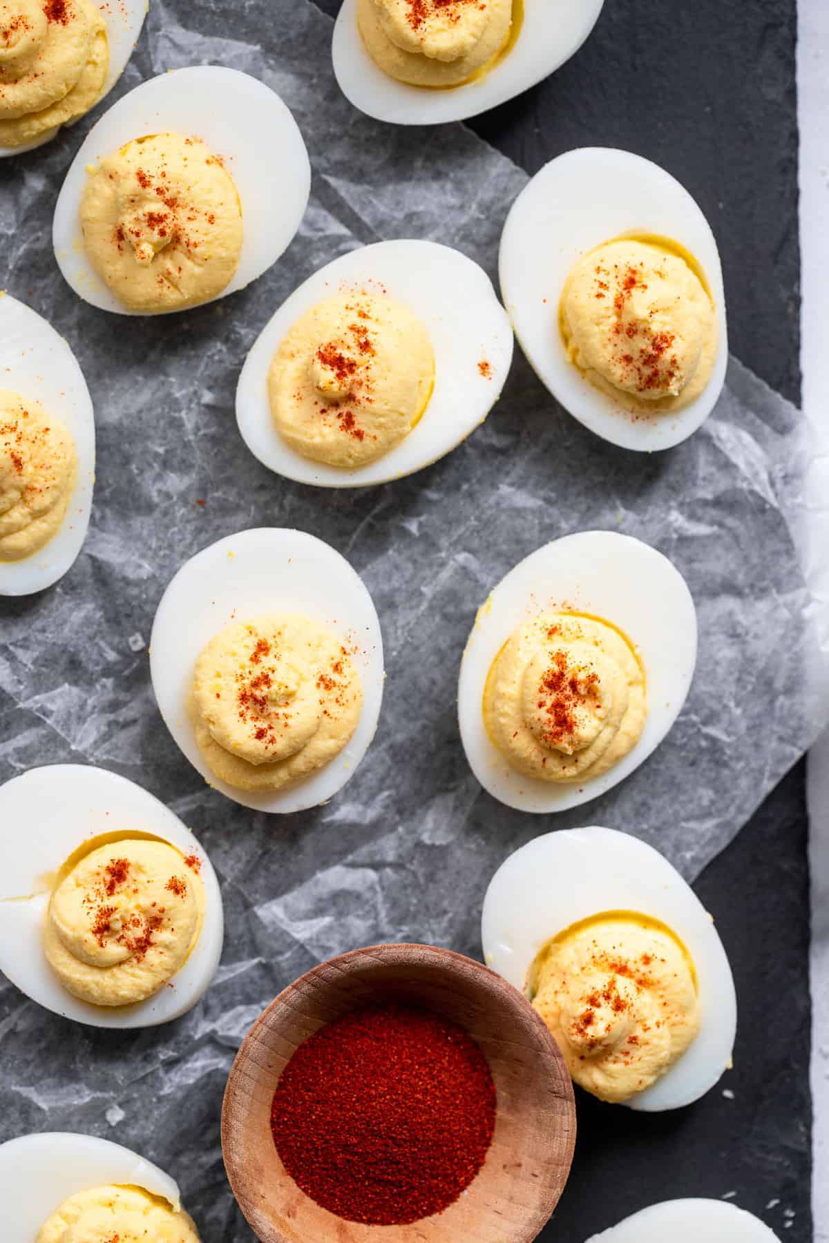  deviled eggs without mayo close up of eggs