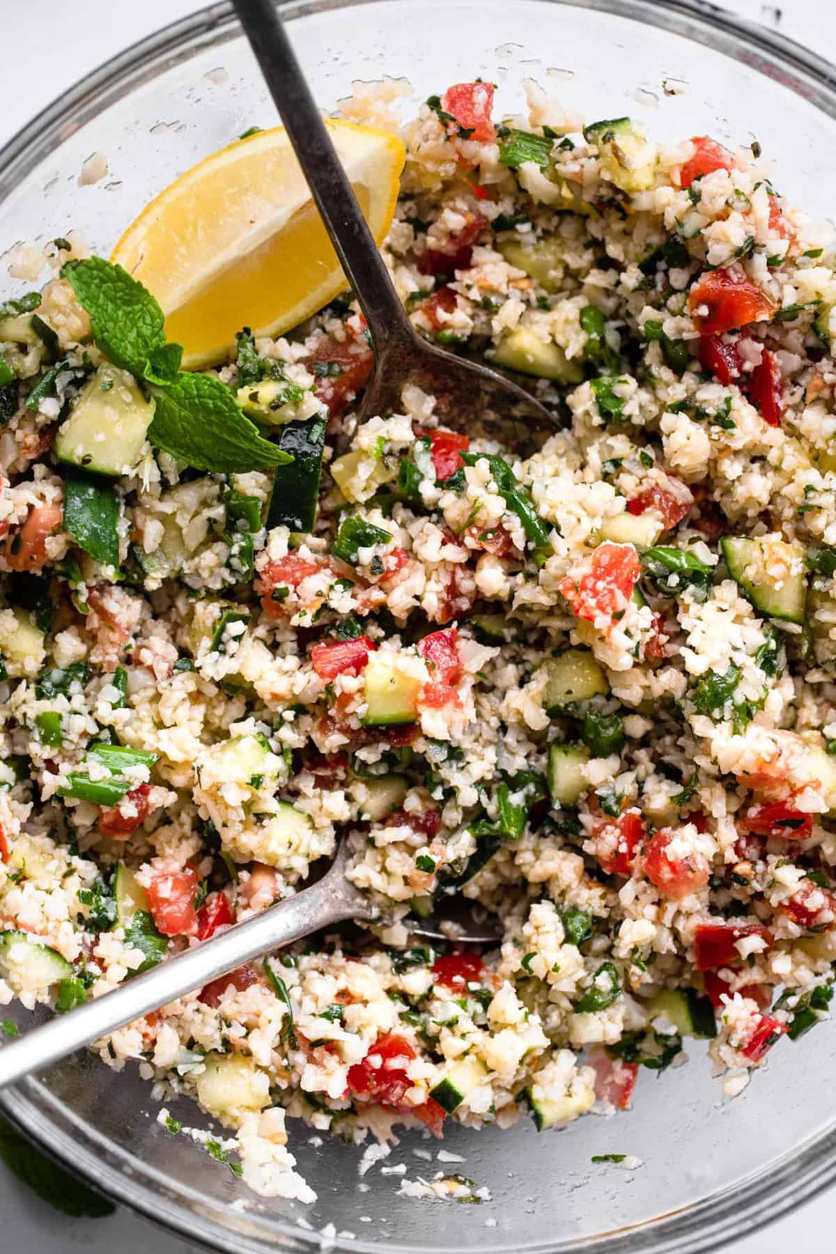 Close up of Tabbouleh while being made