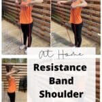 a woman in an orange shirt doing a workout with red resistance bands