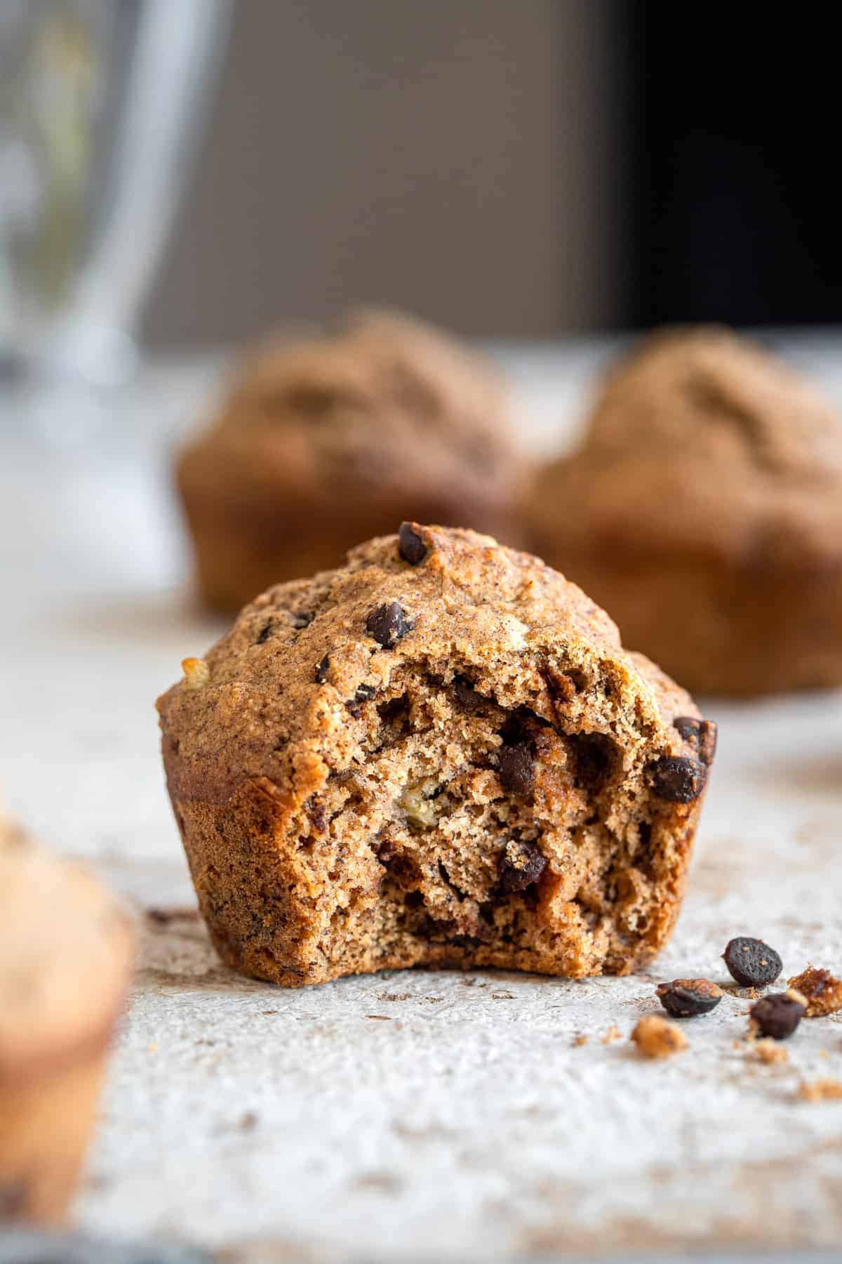 close up of the inside of Healthy Chocolate Chip Banana Muffins