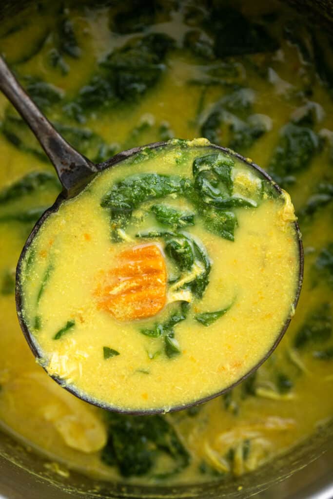 close up view of Whole30 Instant Pot Turmeric Tahini Chicken Soup in a soup laddle